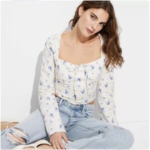 Wild Fable Women's Long Sleeve Milkmaid Floral Top-Cream & Blue Floral XL NWT